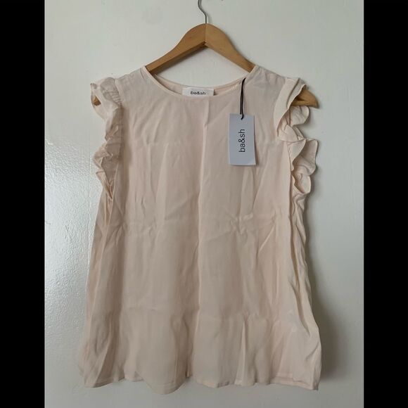 Ba&sh Fani Top wrap  Back Flutter Sleeve Crew Neck Crepe Blouse  Cream, S; M; L - Picture 5 of 12